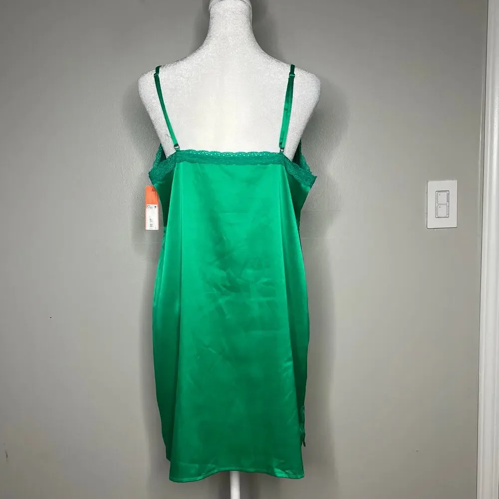 Women's Kelly Green Satin Nightgown Lace Trim Babydoll Sz M Fairy Y2K Jewel Tone